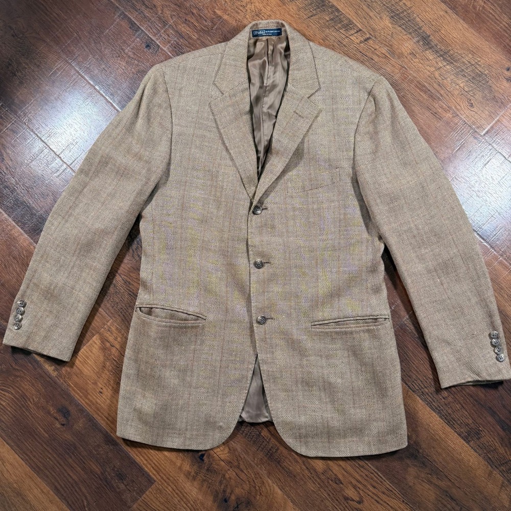 Polo Ralph Lauren Italy Silk Wool Flax Herringbone Blazer Sport Coat 40R Tan
